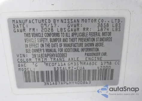2017 Nissan Sentra Sr from USA, damaged, VIN 3N1AB7AP6HY400863
